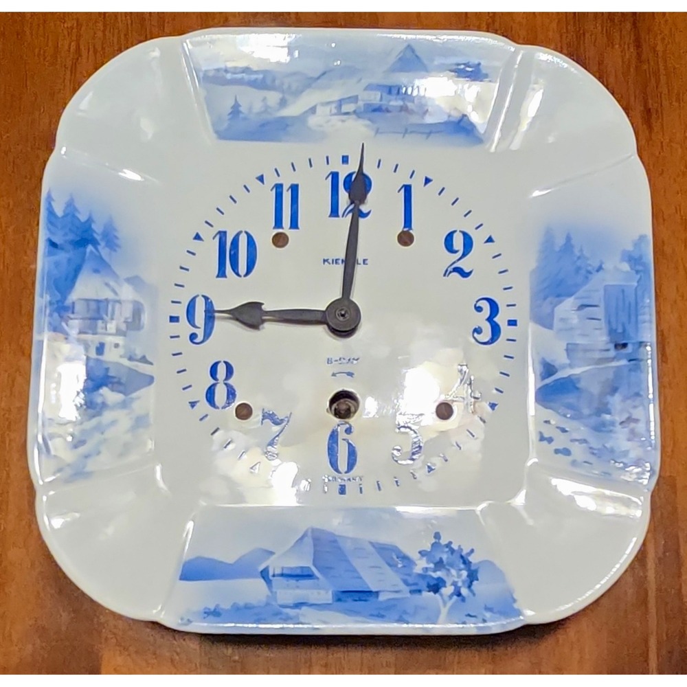 Vintage Kienzle 8-Day German Porcelain Wall Clock Blue White Alpine Scene As-Is